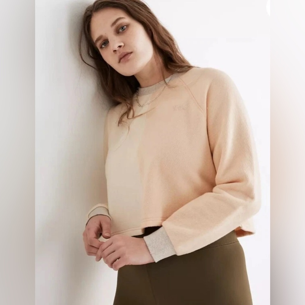 Madewell AiryTerry Peach & Cream Color Block Crop Sweater Size L Fall Autumn